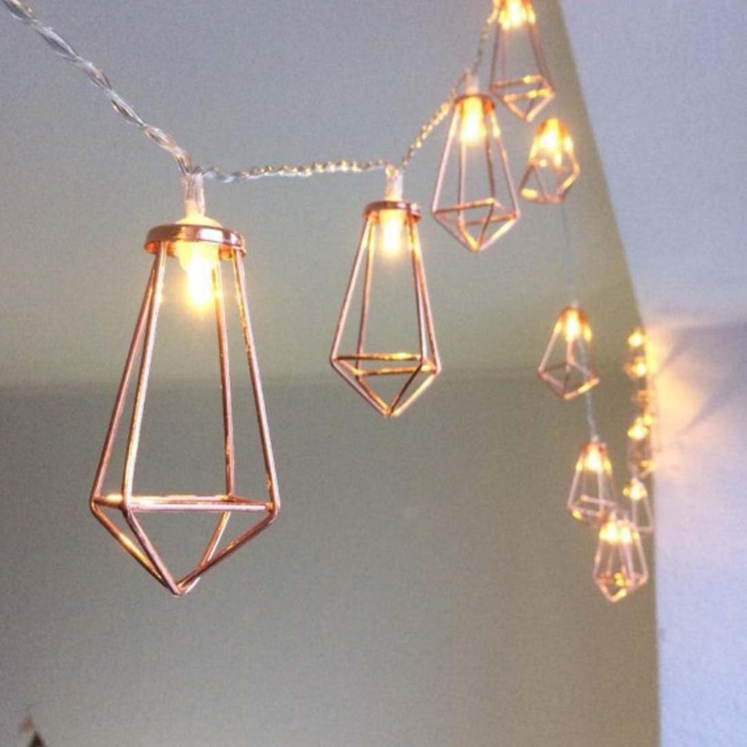 5ft 10 LEDs Rose Gold Geometric Metal Diamond Shape Copper Wire Fairy String Lights,Water Drop Metal Cage String Lights Battery Operated for Chirstmas,Wedding, Party, Garden Home Decor