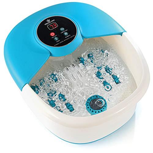 Medical king Foot Spa Massager with Heat, 14 Rollers in Foot Shape - 5 in 1 Foot Bath Massager - Adjustable Heating, Bubbles, Vibration, Pumice Stone, Mini Massage Points White, Blue