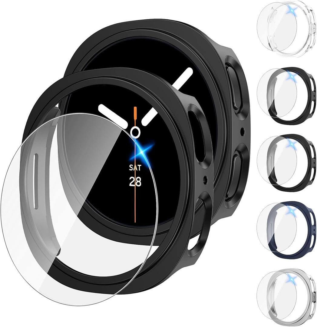 Tensea [5+5Pack for Samsung Galaxy Watch 8 Screen Protector Case 44mm Accessories, Hard PC Bumper/HD Anti-Fog Tempered Glass Protective Film, Face Cover Set, Galaxy Watch 8 Case for Women Men (Clear/Black/Black/Silver/Blue)