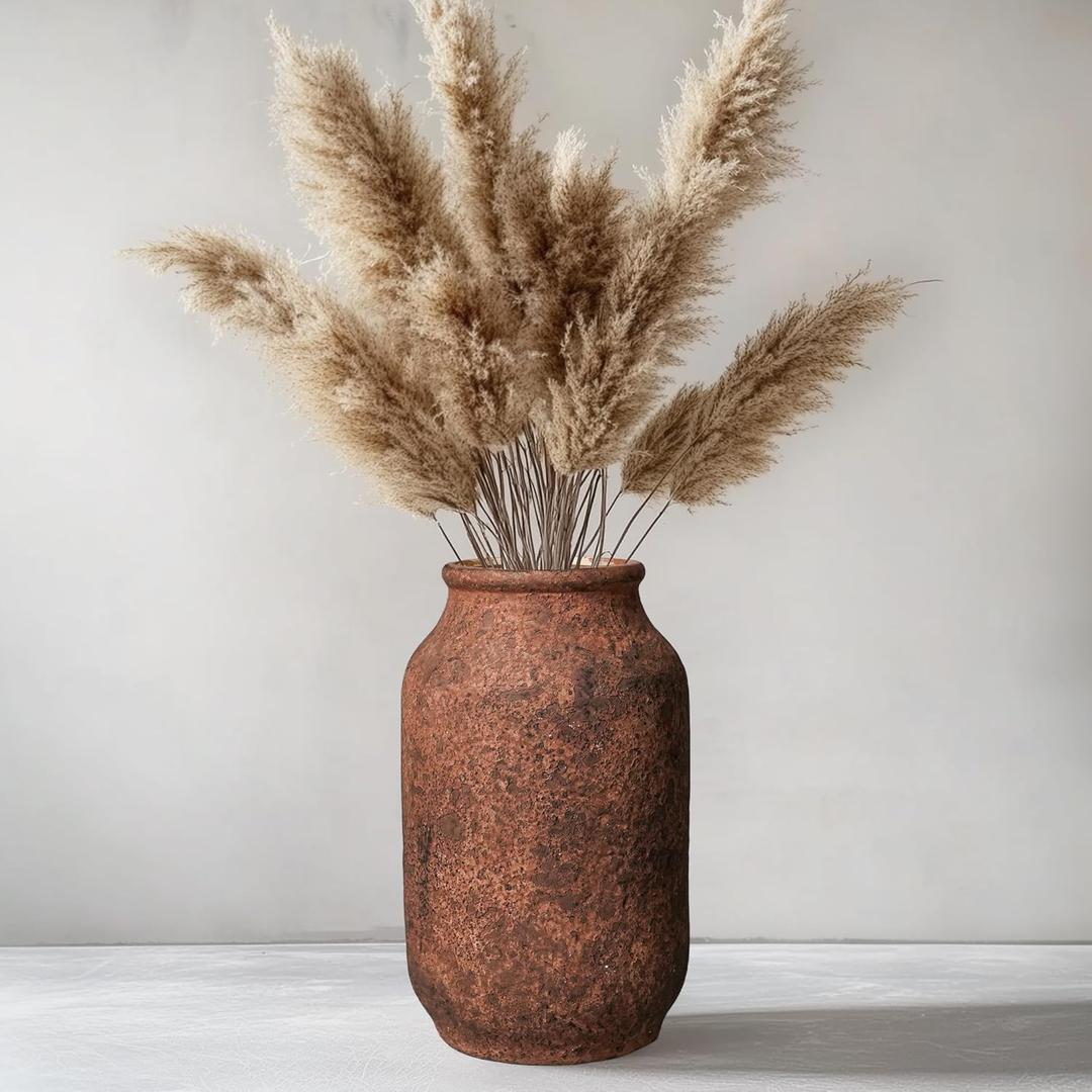 Terracotta Vase, Large Rustic Ceramic Vase, Farmhouse Decor for Living Room, Shelf, Mantle, Entryway, Room Decor, 9 Inch, Brown