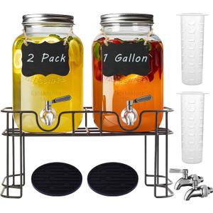 1 Gallon Glass Drink Dispenser with Stand,2 Pack Glass Beverage Dispenser with Stainless Steel Spigot, Water Lemonade Dispenser for Parties