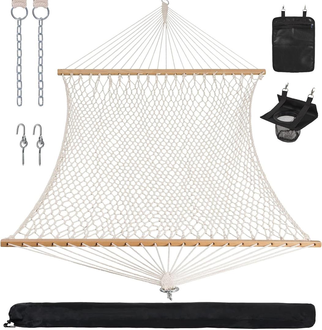ANOW Rope Hammock Double Hammock with Hardwood Spreader Bar and Carrying Bag, 450 LBS Weight Capacity for Two Person, Natural