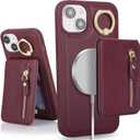 for iPhone 15 Phone case with Card Holder with Compatible magsafe Magnetic, Key Chain PU Leather Flip Kickstand Detachable 2-in-1 Wallet case for Apple15 Women Men-Red Wine