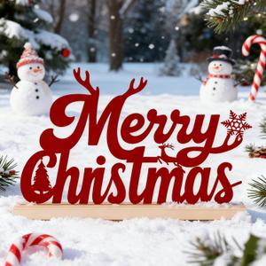Merry Christmas Sign Red Metal Xmas Letters with Wooden Base Christmas Centerpieces for Mantel Kitchen Office Shelf Desk Tabletop Tiered Tray Decor Reindeer Tree Snowflake Home Table Decorations