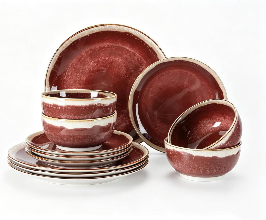 Sweejar 12 Pieces Ceramic Dinnerware Sets for 4, Burgundy Red