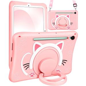 Wazzasoft for Galaxy Tab S10 FE/S9 FE Case 10.9 Inch - Girls Cute Cat Kitten 3D Cartoon Women Soft Silicone Tablet Cover for Samsung Galaxy S9 FE with Rotating Stand & Strap Funda para Tab S10 FE 5G