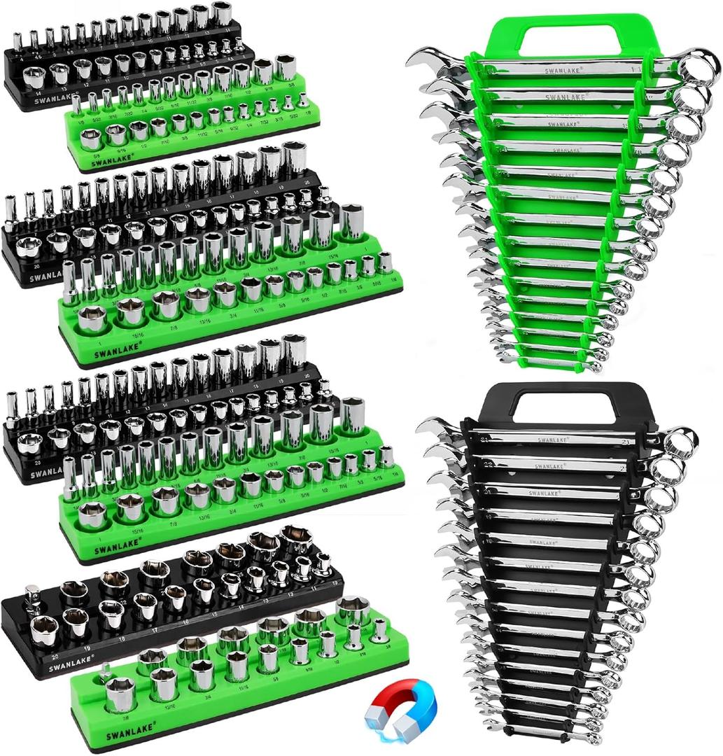 10-Piece Magnetic Socket and Wrench Organizer Set, 1/4", 3/8", 1/2" Drive Metric SAE Socket Organizer, Magnetic Wrench Holder 30 Slots Total, Tool Box Organizers (Sockets Wrenches not Included)