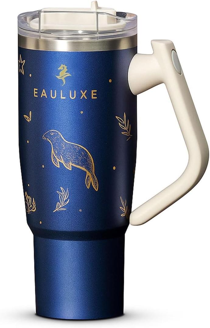 DriftFlow 40 oz Tumbler  180 Rotating Handle & Rotating Straw Lid, Double-Wall 18/8 Stainless Steel, Leak-Proof, Keeps Drinks Hot 13h/Cold 25h  Midnight Blue with 3D Gold Embossing