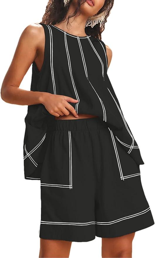 Women's Summer 2 Piece Shorts Set Sleeveless Elastic Waist Shorts with Pockets,  Large