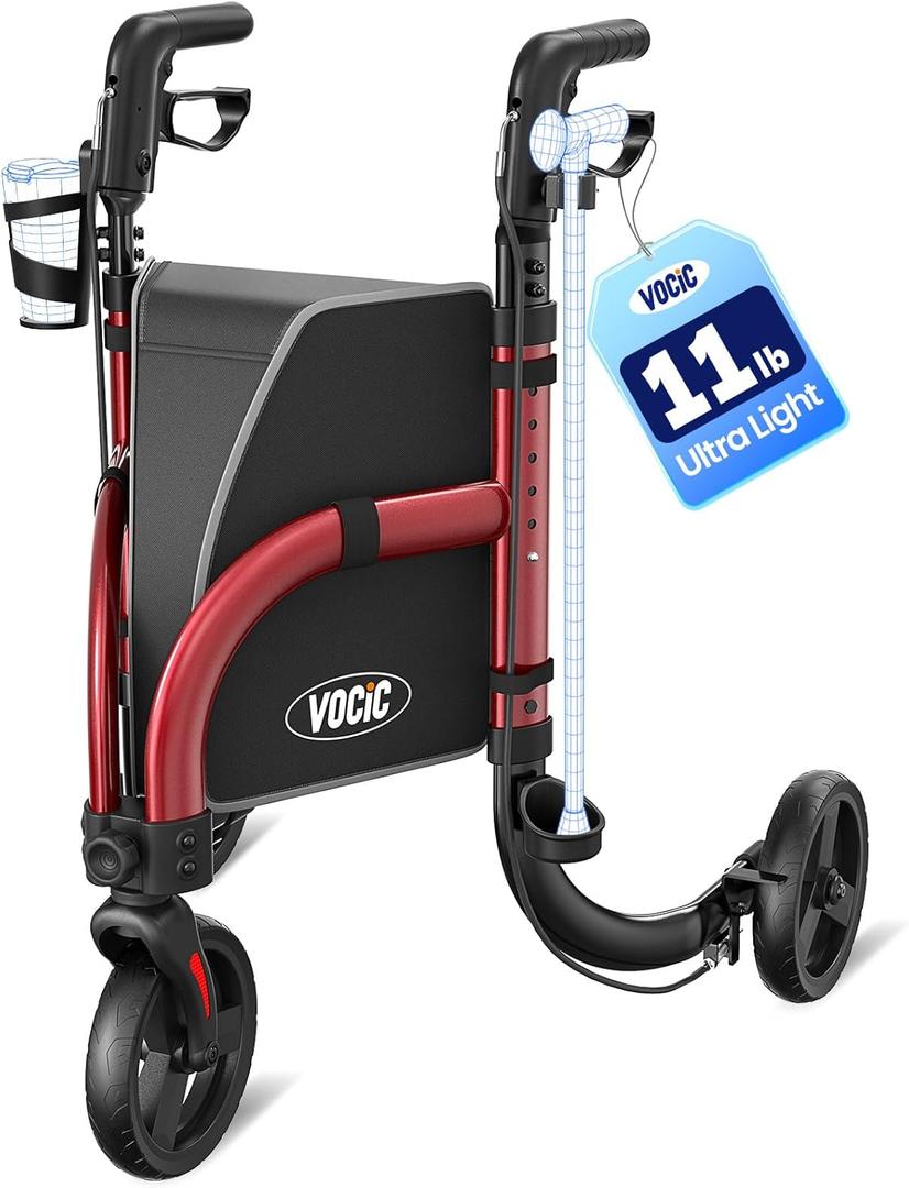 VOCIC 3 Wheel Walkers for Seniors, Z25 Foldable Rollator with 8" All Terrain Tires, Cane Holder & Cup Holder, Lightweight Three Wheel Rolling Walker Height Adjustable, Supports 300 lbs
