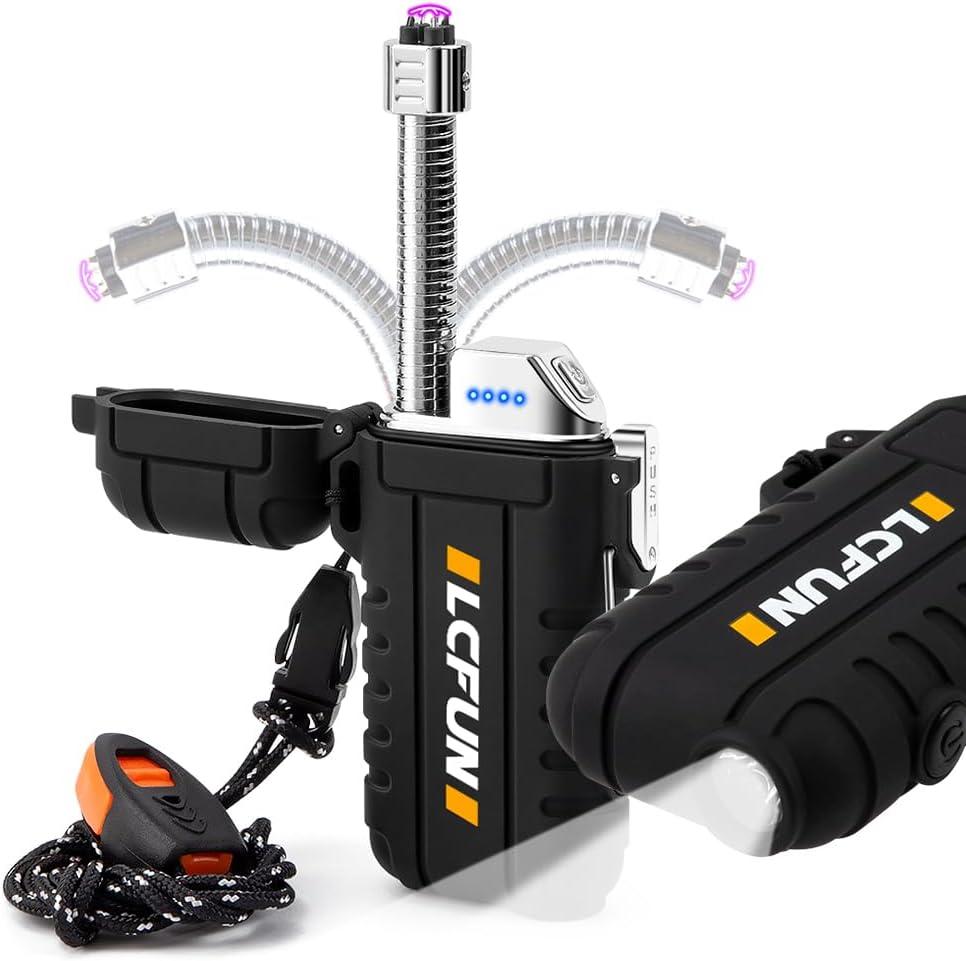 LcFun Electric Dual Arc Lighter USB Rechargeable, Windproof Plasma Lighters with LED Battery Indicator, Waterproof Flashlight Lighter with Whistle Lanyard for Camping, Survival Gear