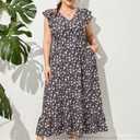 KOJOOIN Women's Plus Size Summer Dress with Pocket Ruffle Cap Sleeveless V Neck Side Split Long Beach Maxi Dress Black Flower 3XL (Black, XXXL)