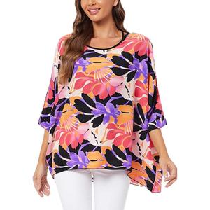 Ckikiou Plus Size Batwing Flowy Semi Sheer Chiffon Blouse Tunic for Women Summer Floral Print Boho Beach Cover ups (4340)