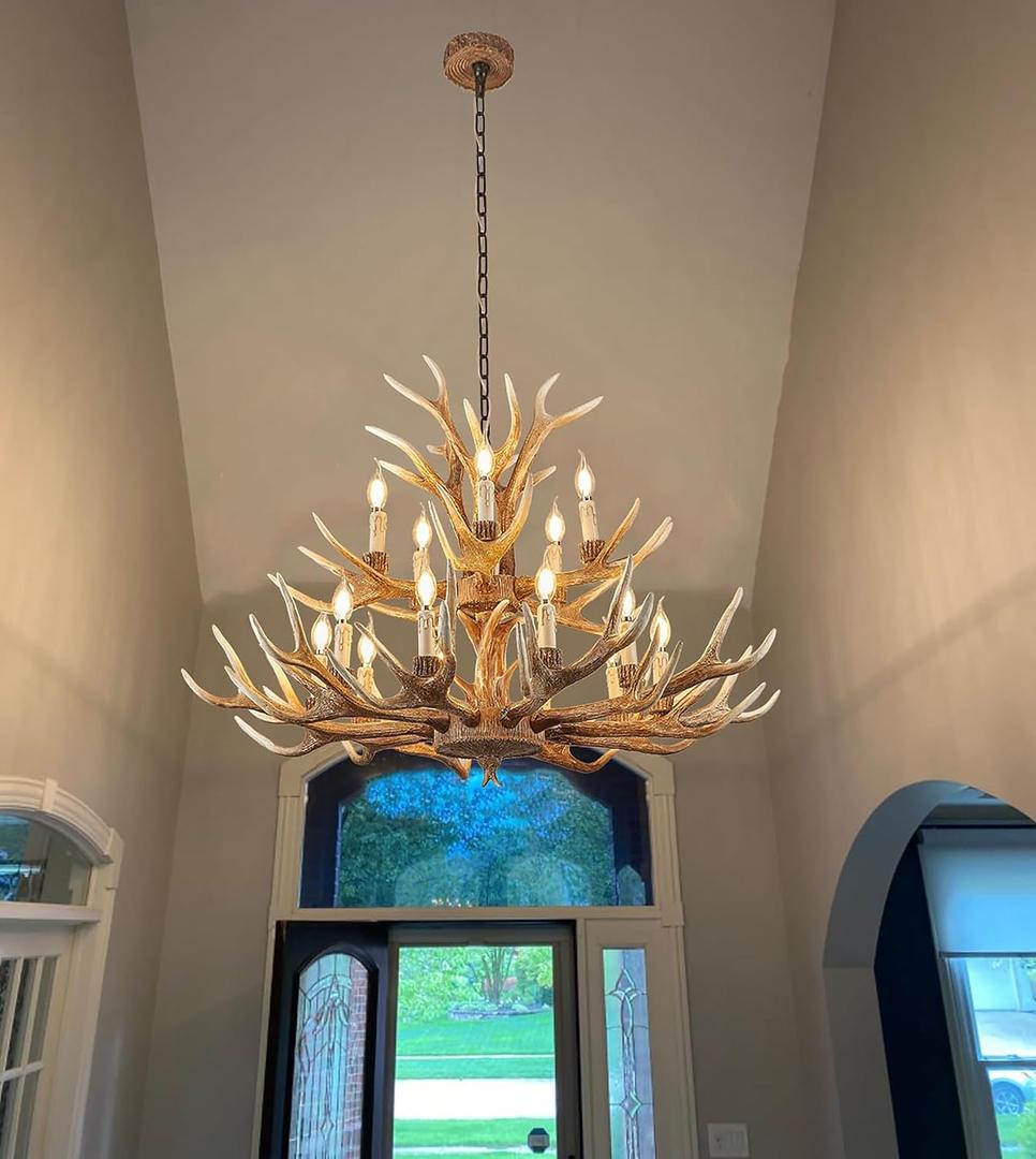 Farmhouse Deer Chandelier Double Layer 10+5 Light Brown Antler Chandelier Lighting, Vintage Rustic Antler Lamps Rustic Art Deco Style Living Room Dining Room (10+5 Light Arms + 3 Arms)