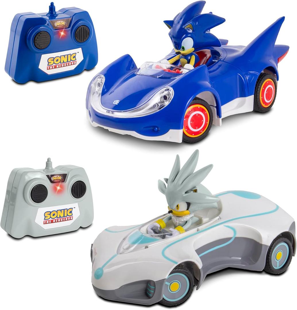 NKOK 1/28 Scale 2.4GHz RC Sonic 2PK RC Sonic & Silver; Officially Licensed; Full Function Radio Control; Detailed 6.5 Vehicle and Character; Grippy Tires; Adjustable Front Wheels