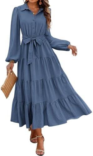 dowerme Women's Long Sleeve Dress 2025 Button Down Belted A-Line Flowy Fall Outfits Ruffle Maxi Holiday Party Dresses. Size S, Grey Blue