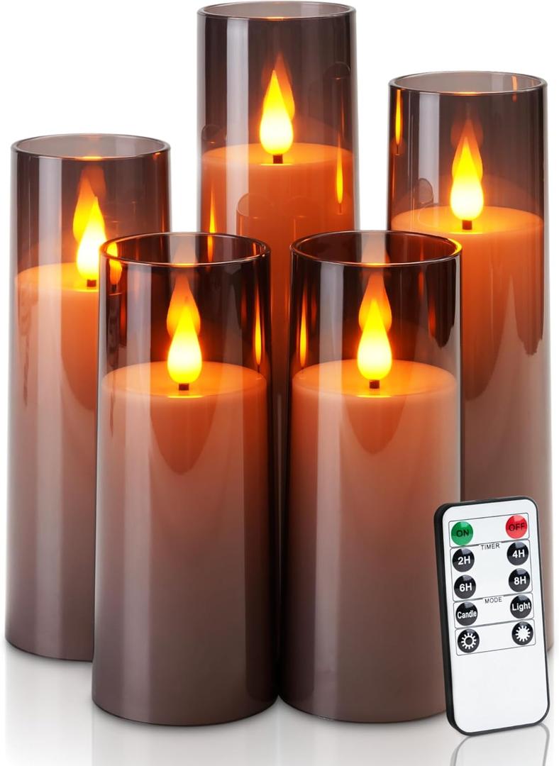 Amagic Grey Flameless Candles with Remote, Flickering Battery Operated Candles with Timer, Acrylic LED Fake Candle for Halloween Home Decor, 3D Wick, D2.2 xH5 5" 6" 7" 8", Set of 5 (Grey & Warm Yellow Light)