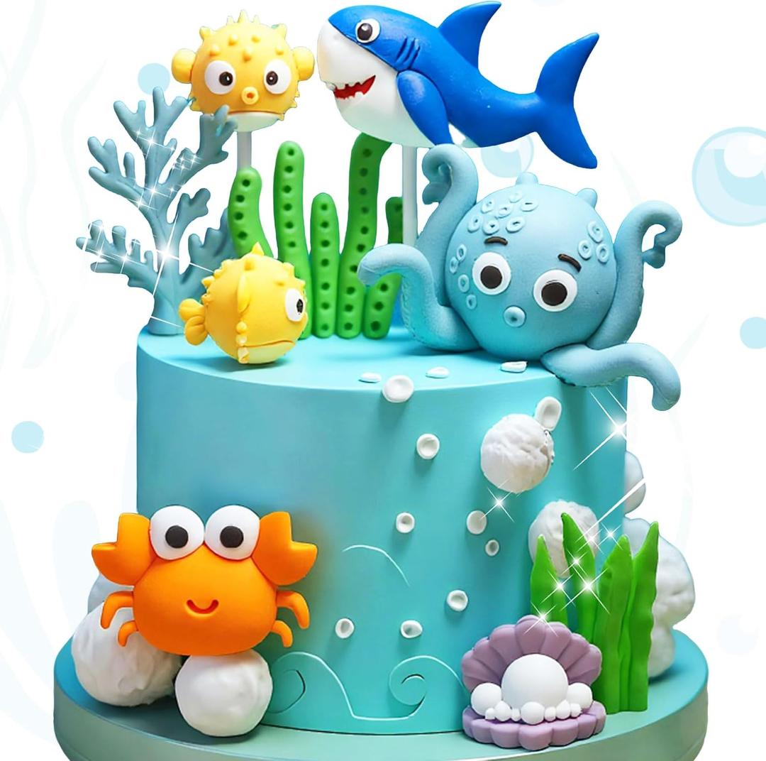 Shark Cake Topper Under the Sea Cake Decorations Ocean Shark Birthday Party Decorations Octopus Crab Cake Toppers Beach Sea Animal Baby Shower Supplies