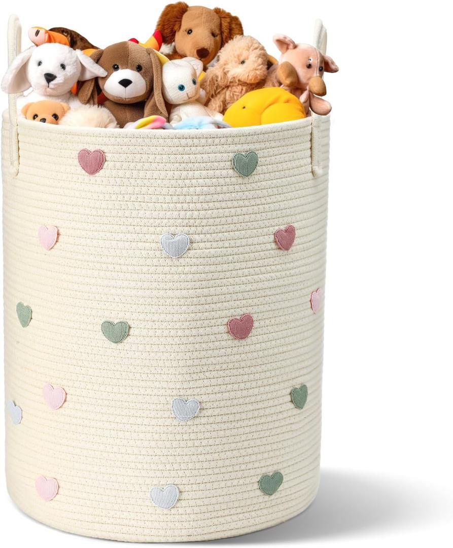 LemonRoad Macaron Heart Laundry Hamper Large Cotton Rope Storage Basket Woven Storage Bucket with Handles for Bathroom Bedroom Nursery Toy Clothes Organizer, 60 L