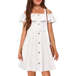 Arshiner Girls Dresses Summer Spaghetti Strap Cold Shoulder Ruffle Button Down A Line Dresses (7-8 Years, White)