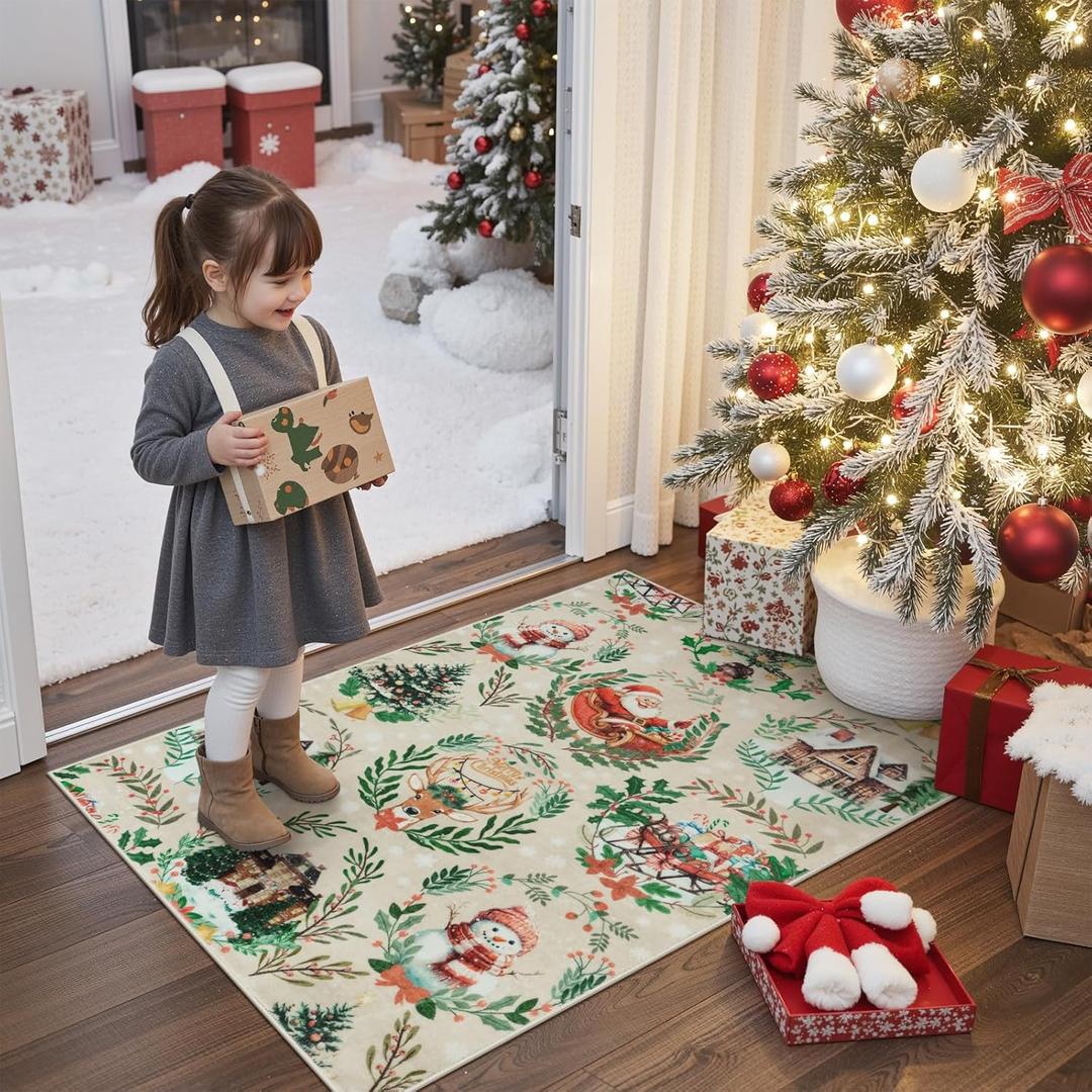 Anidaroel 2x3 Christmas Entryway Rug, Washable Door Rugs for Entryway Indoor Holiday Decor Xmas Holiday Throw Rug, Non Slip Small Area Rugs for Kitchen Sink Bedroom Entry, Beige