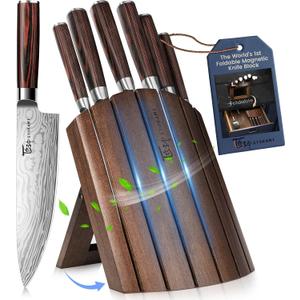 Knife Set 7 Piece Japanese Style Kitchen Knife Set With Foldable Magnetic Acacia Wood Block Sharp High Carbon Stainless Steel Knives Set for Kitchen with Anti-slip Handle, Valentines Gift