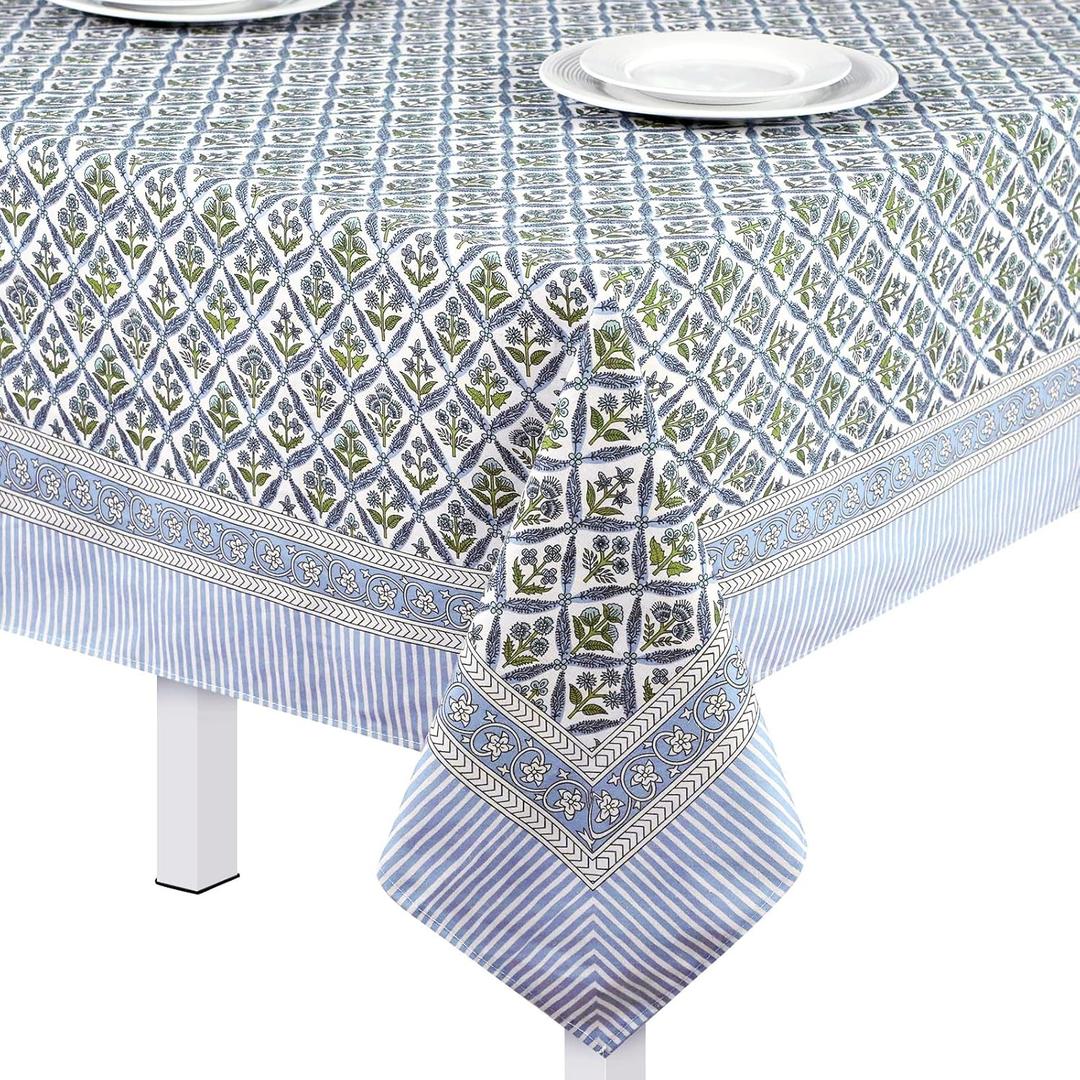 Newtay 60'' x 90'' Cotton Tablecloth Handmade Cotton Floral Tablecloth Washable Print Rectangle Table Cover with Dust Proof Wrinkle Resistant for Kitchen Dining Party Buffe(Light Steel, Blue)