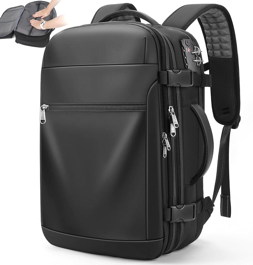 Vacuum Backpack Travel  Expandable Compression Carry On Backpack with Vacuum Pump, Water-Resistant TSA Lock Travel Bag, 17" Laptop Backpack for Men Women, Business Airplane Flight Luggage (Classic Black)