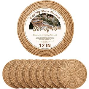 12 in Round Woven Placemats Plate Chargers Set of 10, Rattan Wicker Table Mats for Dinner Plates, Boho Farmhouse Rustic Place Mats for Dining Table Decor (Natural Color)