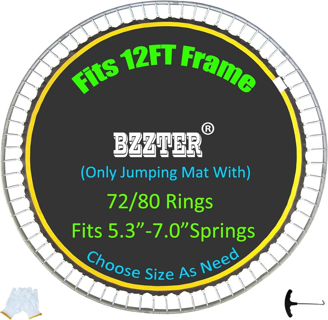 Trampoline Mat, Fits 12 Foot Round Frame, with 72 Rings & 124.4Inch Diameter, Fits 6.5" Springs, 10 Rows of Stitching for Longer Lasting, w/ Pull Hook and Gloves, Replacement Trampoline Mat 12ft