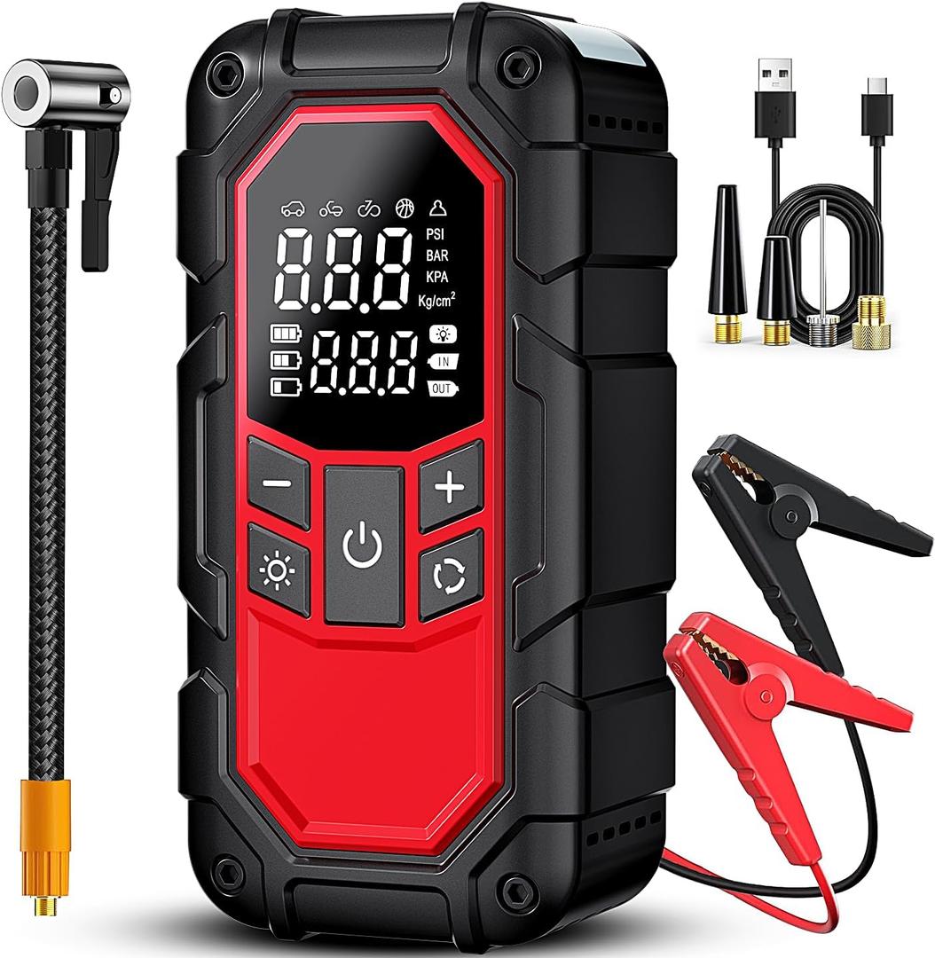 Jump Starter with Air Compressor,3000A car Battery Jump Starter (9.0 Gasoline/6.5L Diesel) with 150PSI Digital tire inflator Portable,12V Power Pack Car Jump Box Charger with LCD Display, Lights, Black 