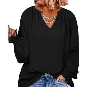 Eytino Womens Plus Size Tops Sexy V Neck Smocked Long Sleeve Casual Chiffon Blouse Flowy Work Shirts 2XL