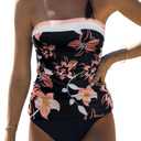 Beachsissi Bandeau Swimsuits for Women Strapless Swimwear Bathing Suits Tummy Control Color Block Tankini Sets (Large, Black Flower)