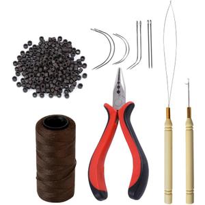 Hair Extensions Tool Kit: 200 Pcs Silicone Lined Micro Links Beads, 1 Three Hole Hair Pliers, 1 Roll Sewing Thread, 1 Loop Needle Threader, 1 Pulling Hook Needle, 8 Sewing Needles (Dark Brown)