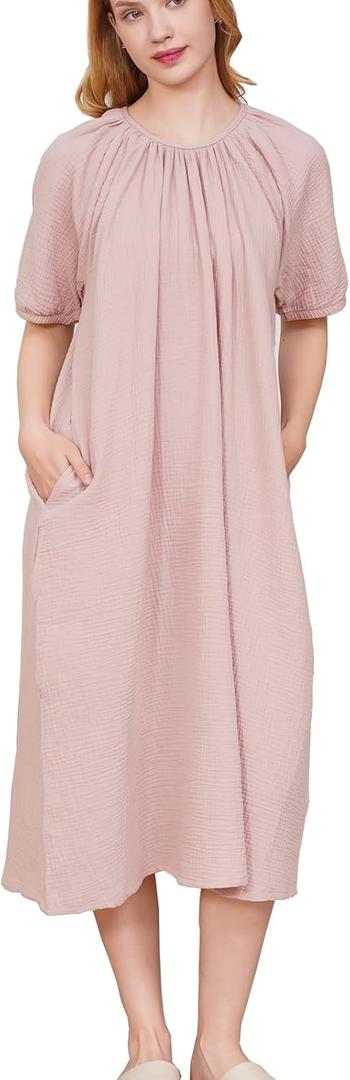 Women's Cotton Nightgowns Soft Loose Gauze Nightdress with Pockets for Sleeping Home Lounge (Large, Pink)