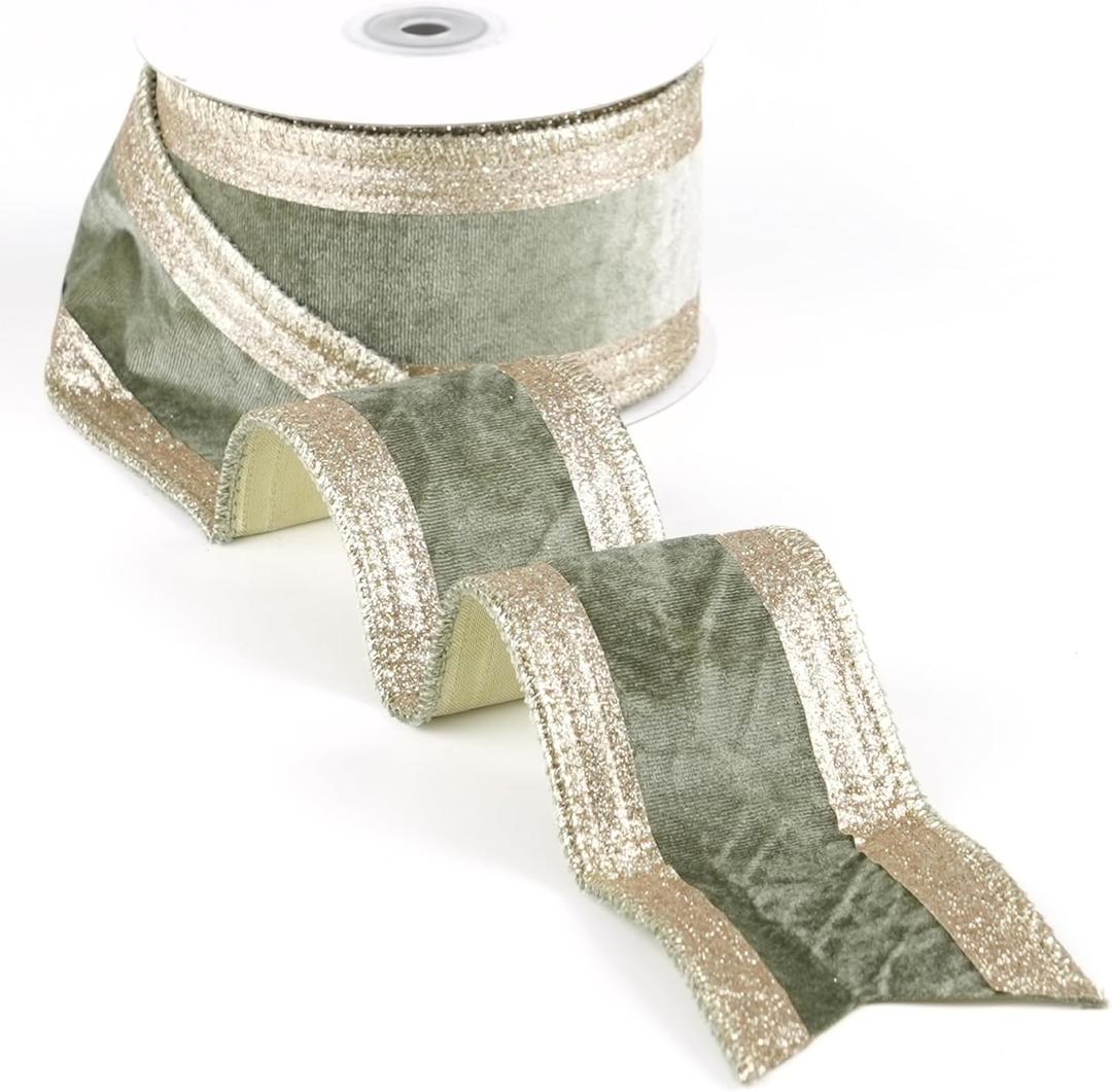 Sage Green and Champagne Gold Velvet Wired Ribbon 2.5" X 10 Yards Sage Green Velvet with Champagne Gold Glitter Border Stripe Christmas Ribbon for Tree, Wreath Supplies, Garlands Making