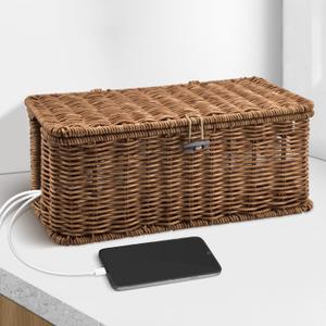 Handmade Cable Management Box  Stylish & Functional Cable Organizer with 2 Open Slots for Home & Office, TV Wires Computer Router USB Hub & Power Strip Rattan Cord Hider Box (Brown)