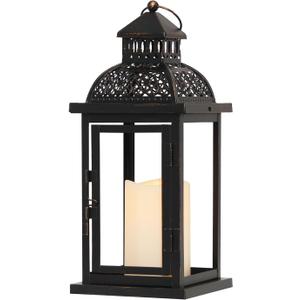 DECORKEY No Glass Lanterns Decorative Indoor & Outdoor, 15'' Candle Lantern Decorative Christmas Indoor Outdoor Decor, Vintage Metal Hanging Lanterns with LED Candle for Patio, Front Porch,Yard, Table (Large)