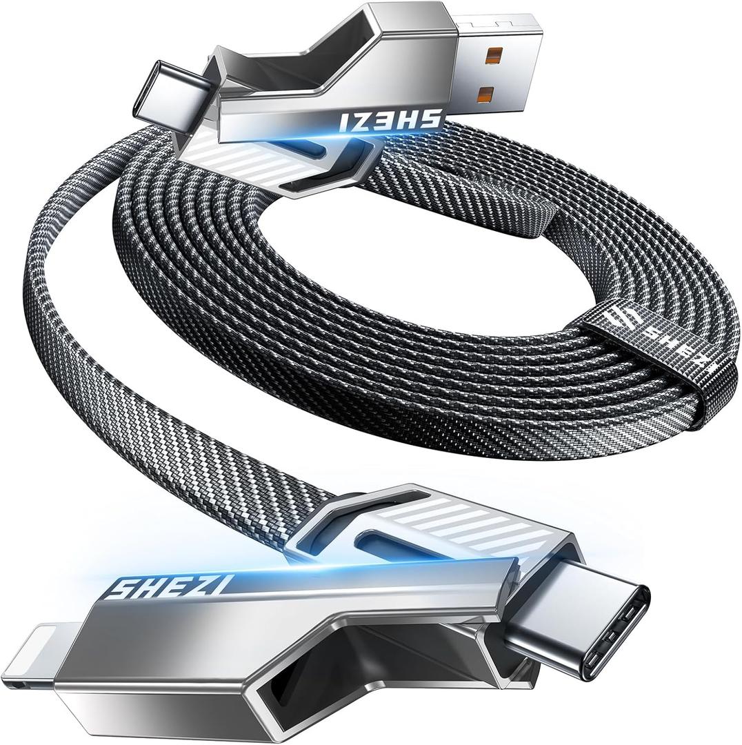 4-in-1 Long USB C Cable 60W 10FT Compatible with Lightning Cable [Fast Charging&Data Transfer] Flat Nylon Braided for iPhone iPad Charger Cord, Multi Charge Wire Combo with L/Type C/USB A Port