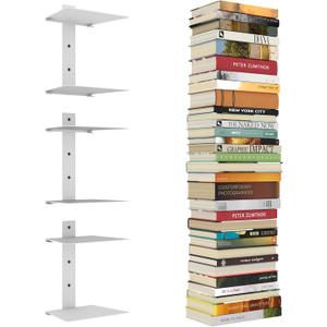 Invisible Floating Bookshelves for Wall, 6 Tier Vertical Spine Book Tower, Heavy Duty Floating Book Shelves Metal Book Organizers for Home Office, Pack of 3(White)
