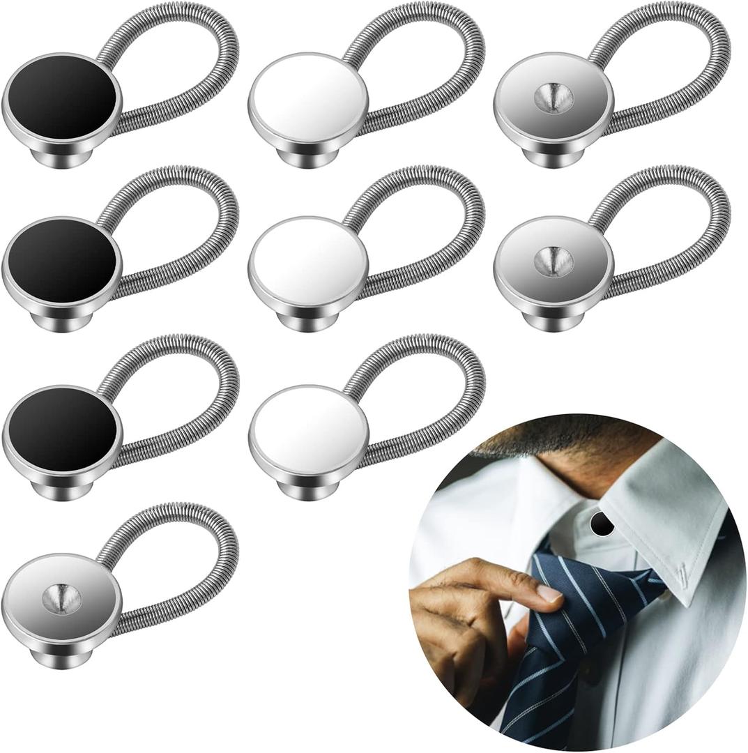 9Pcs Collar Extenders Button for Mens Shirts, Neck Extender Sewing Buttons Extender for Dress Shirts, Suits Cuffs, Coat, Jeans Pants for Men and Women (Black, White, Silver)