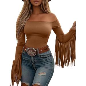 Off The Shoulder Fringe Tops for Women Western Cowgirl Outfits Stretchy Fall Long Sleeve Crop Tassel Shirts Y2K (Medium, 12-light Brown)