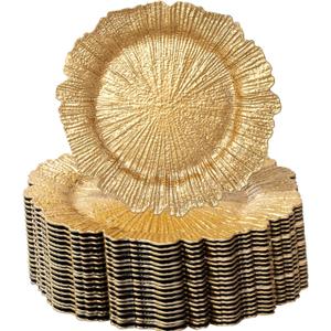 100 Pcs Charger Plates Bulk 13 Inch/Charger Plate with Napkin Ring 13 in Round Matte Reef Plate Charger Ruffled Rim Dinner Charger Hollow out Flower Napkin Holde (100)