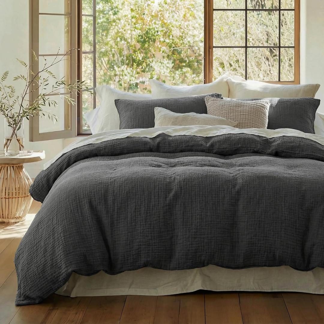 Bedsure 100% Muslin Cotton Duvet Cover King Size - Ultra-Soft Gauze Duvet Cover, PureWoven Breathable & Lightweight Bedding Set with Button Closure and Corner Ties (Dark Grey, King, 104"x90")