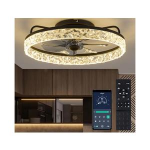 zouzai 20" Smart Ceiling Fan with Light – Flush Mount, Remote & APP Control, Low Profile, Dimmable LED – Classic Crystal Design in Black
