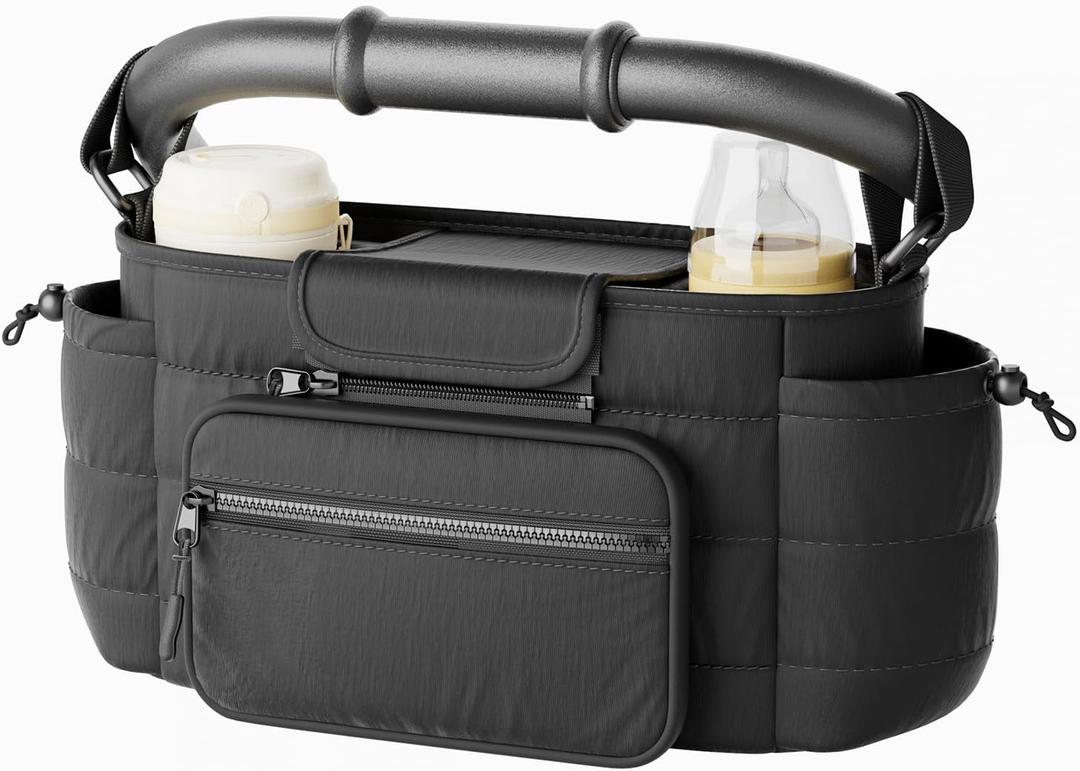 Stroller Organizer Caddy with Insulated Cup Holder & Detachable Phone Purse, Lightweight Universal Stroller Caddy for Busy Moms - Black