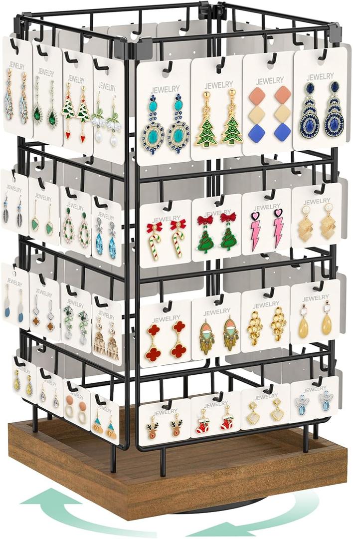 EsLuker.ly Rotating Earring Display Holder Stand for Vendors Events Selling, Large Capacity 64 Hooks Jewelry Rack with Wooden Base for Earring Card Sales, Enhances Retail Display Visibility (Brown+Black)