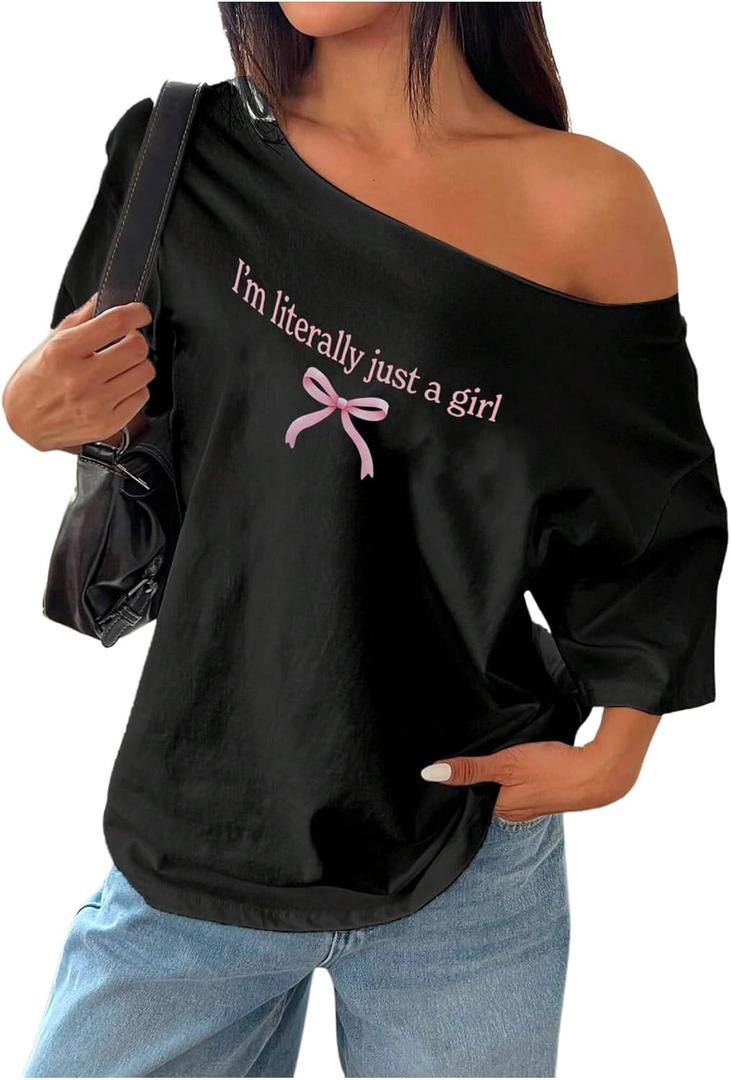 SHENHE Women's Off The Shoulder Oversized Bow Graphic Tee Shirt Short Sleeve Y2k Top Black X-Small