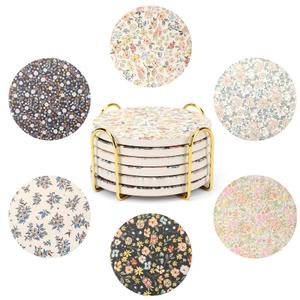 Coasters for Drinks Set of 6 with Holder, Absorbent Ceramic Stone, Spring Floral Coffee Table Décor, Decorative Cup Coasters for Kitchen, Living Room, Farmhouse & Garden, Tea Table Accessories