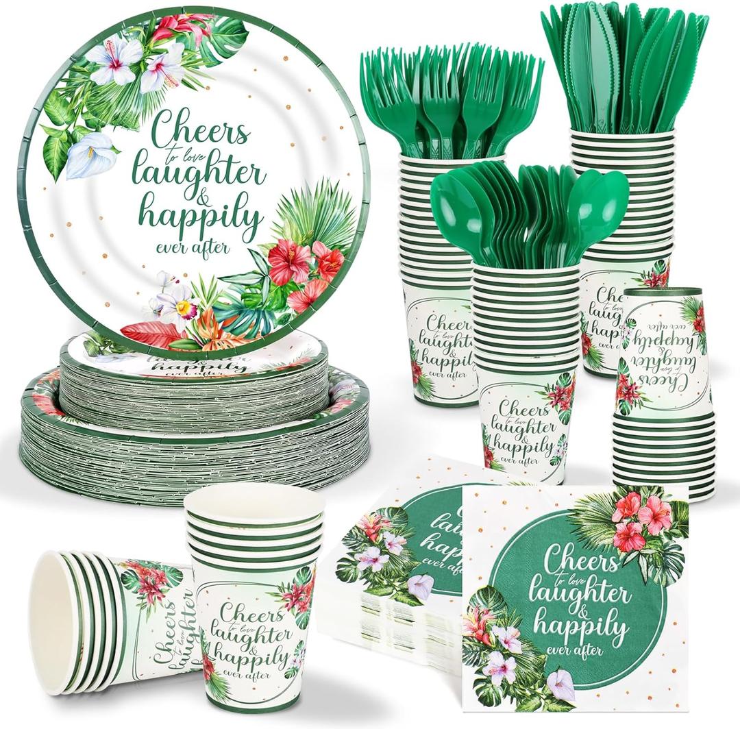350 Pcs Tropical Wedding Bridal Shower Paper Plate Palm leaf Napkin Cup Hibiscus flower Disposable Tableware Set With Knives Fork Cheers to Love Bachelorette Party Favor for 50 Guest